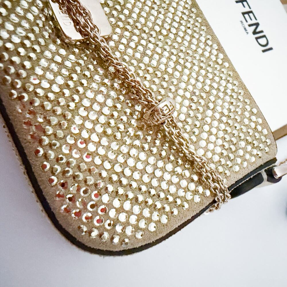 Fendi Crystal Vitello Laminato FF Nano Maxi Buckle Baguette Charm Light Gold - Picture 14 of 16